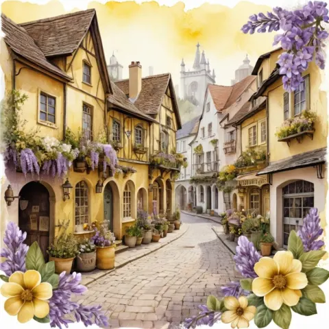 Vintage Town Square with Floral Elements