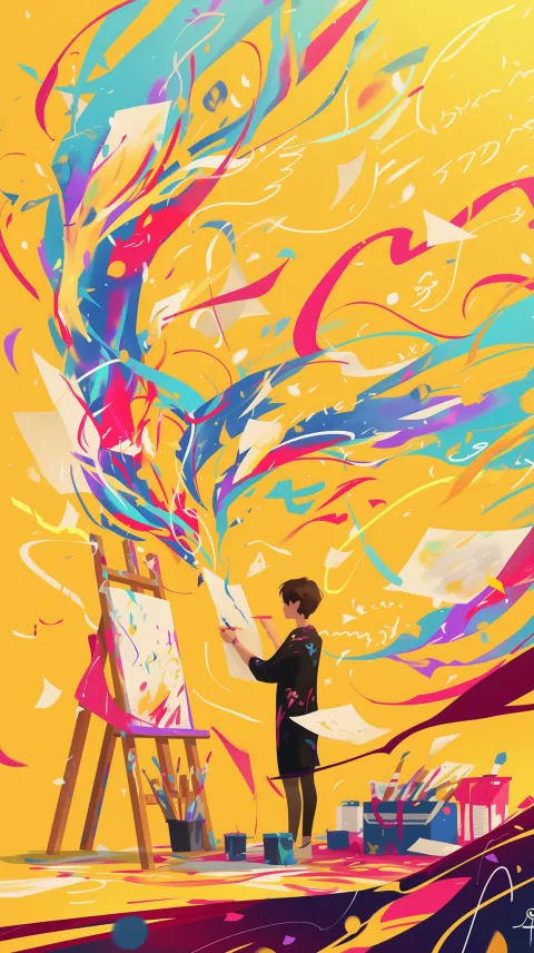 Artist Finishing Abstract Mural Illustration