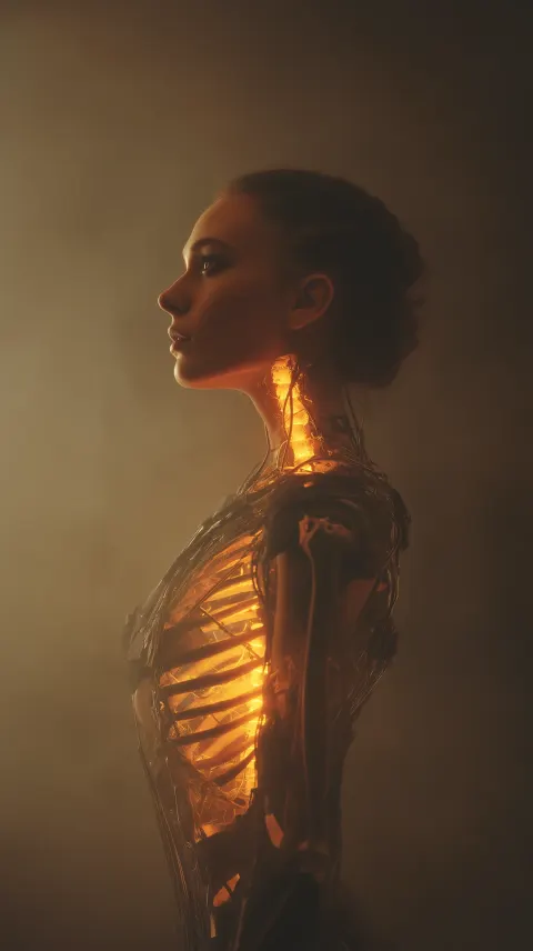 Woman Skeleton Neon Orange Surreal