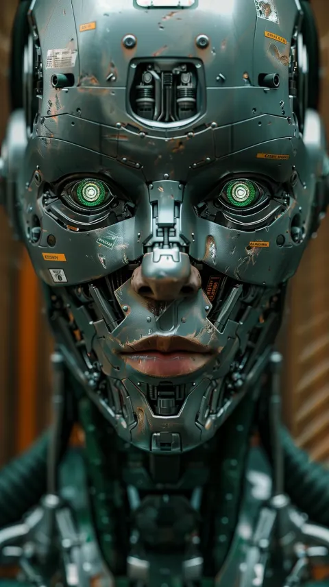 Robotic Head Weathered Metallic Portrait