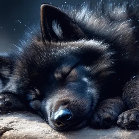 Sleeping Black Wolf Puppy in Ethereal Glow