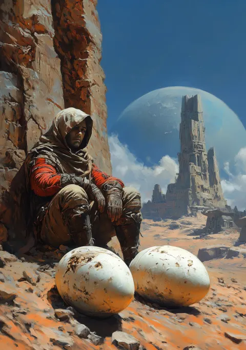 Figure Desert Dinosaur Eggs Oil Painting