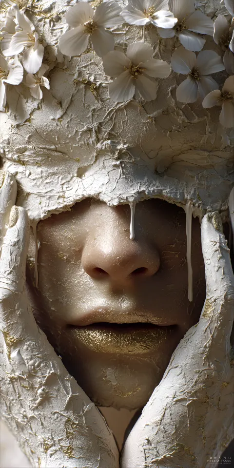 Woman White Mask Flowers Texture