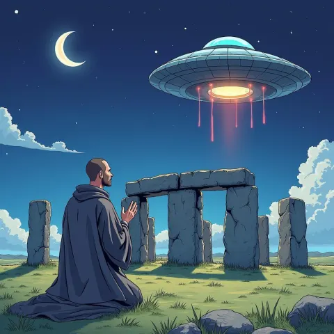 Monk Praying Before a UFO at Stonehenge