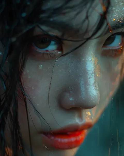 Asian Girl Green Eyes Dramatic Rainy