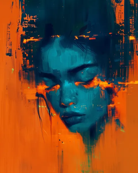 Blue Woman Neon Surrealist Portrait
