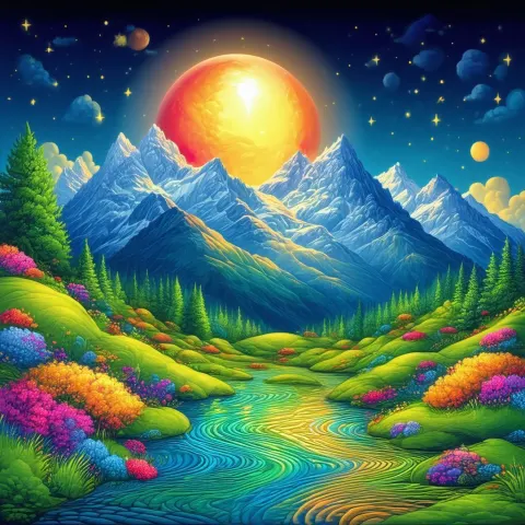 Floating Garden Sphere Over Whimsical Mountains