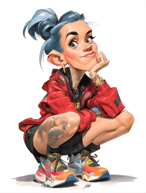 Hipster Rebel Blue Hair Caricature