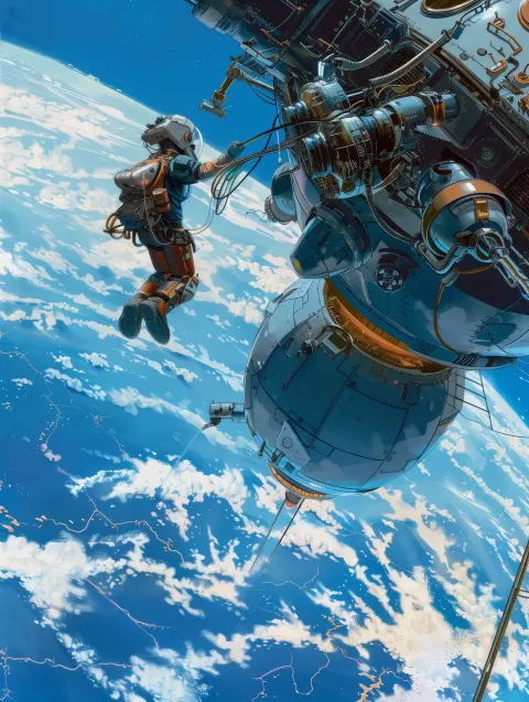 Man Climbing Alien Robot Space