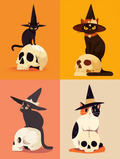 Cat Witch Hat Skull Illustration