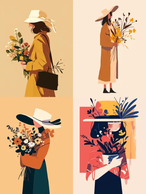 Girl Hat Holding Flowers Illustration