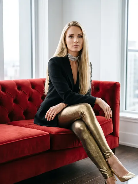 Woman Blonde Gold Leggings Sofa