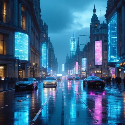 Rain Soaked London Streets in Neon Glow