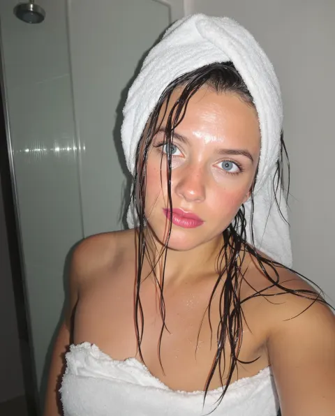 Girl Bathroom Towel Selfie Shy