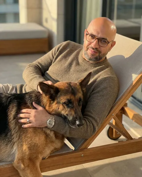 Bald Man Luxury Terrace Dog