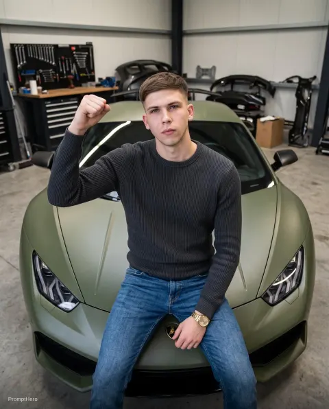 Man Sitting On Sports Car Hood