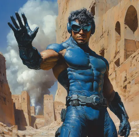 Muscular Man Blue Armor Desert