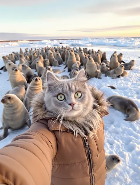 Gray Cat Selfie Seals Ice
