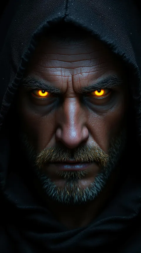 Man Glowing Orange Eyes Cloak