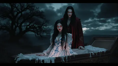 Vampire Couple Emerging From Coffin