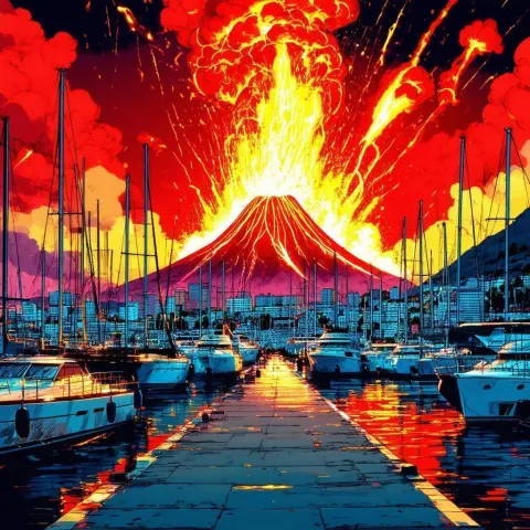Volcano Erupting Beside a Marina in Manga