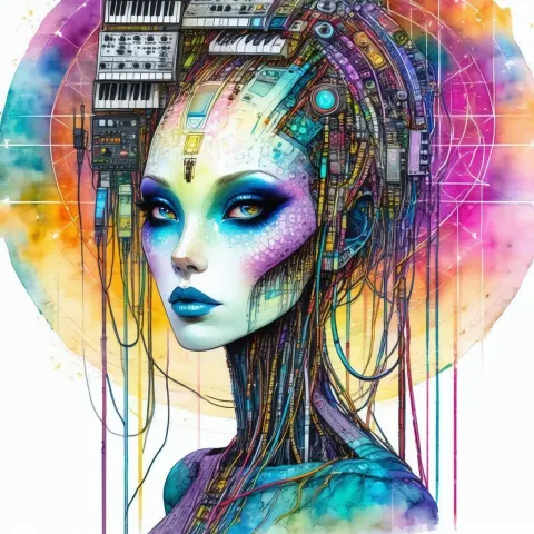 Alien Tribal Goddess in Sacred Geometry Watercolor