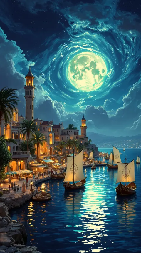 Mediterranean Harbor Moonlit Fantasy