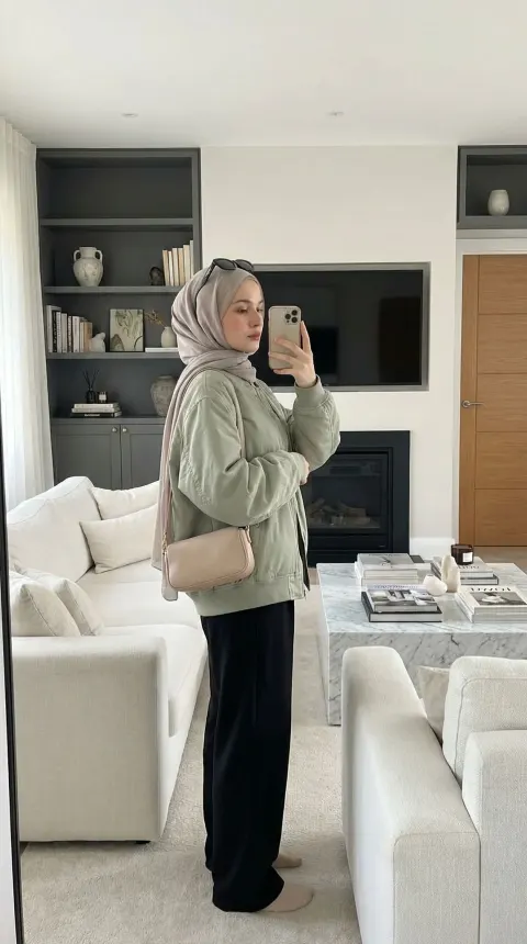 Hijabi Woman Mirror Selfie In Living Room