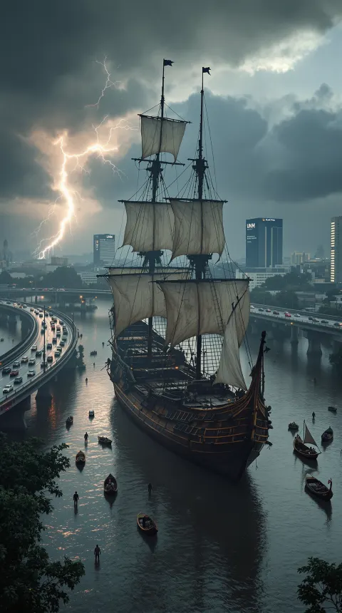 Pirate Ship Flooded Highway Surreal