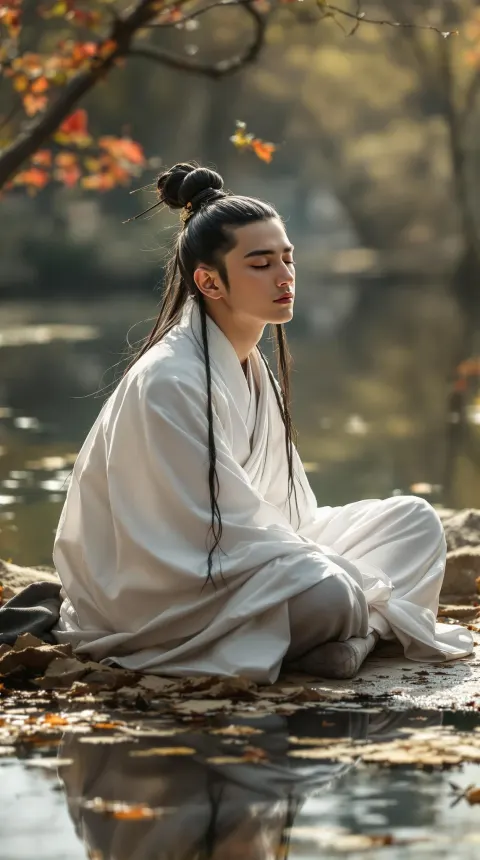 Chinese Man Meditation Pond Ancient
