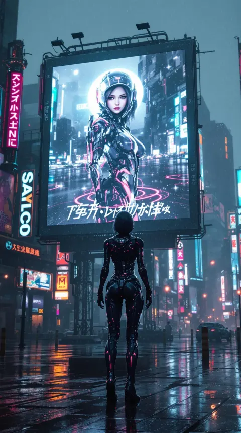 Cyborg Girl Rainy City Billboard