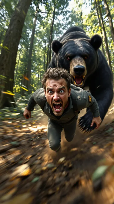 Man Selfie Bear Chase Forest