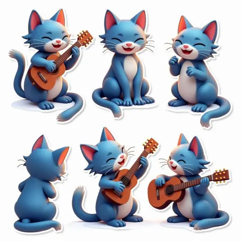 Blue Cat Guitarist Emoji Sticker Sheet