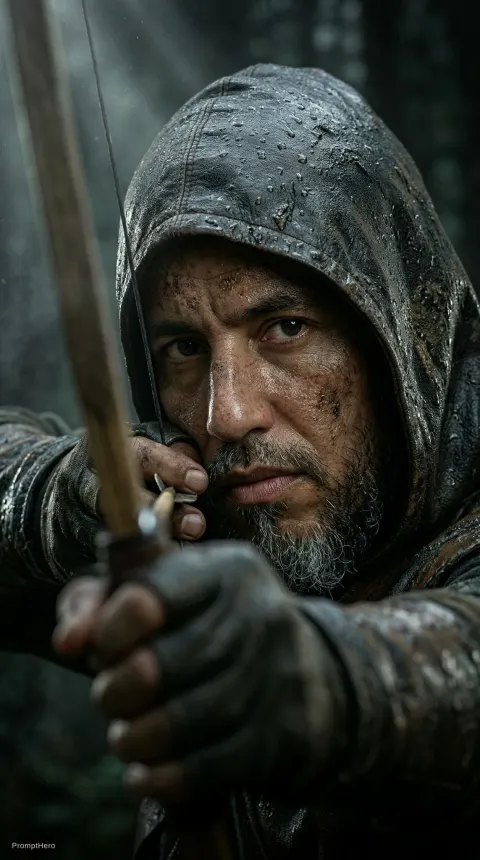 Hooded Archer Drawing Bow Close-Up