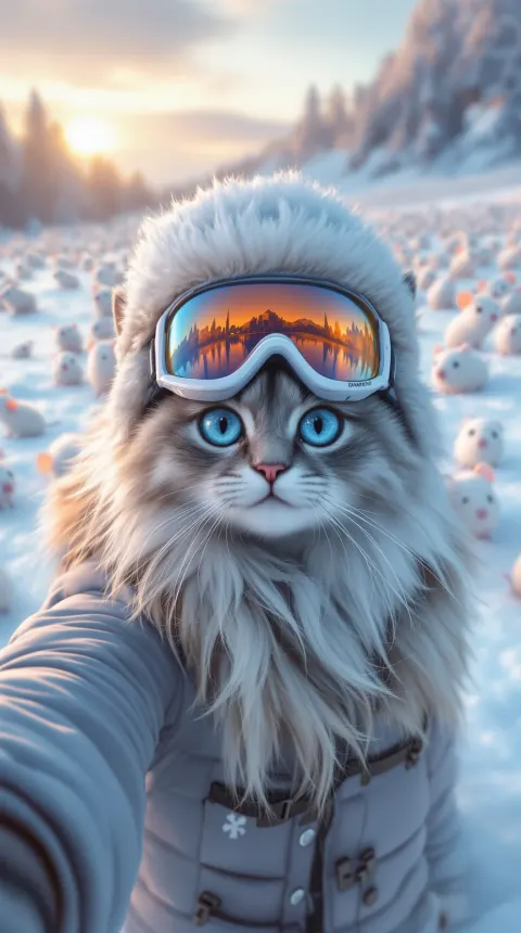 Cat Ski Selfie Mice Snow
