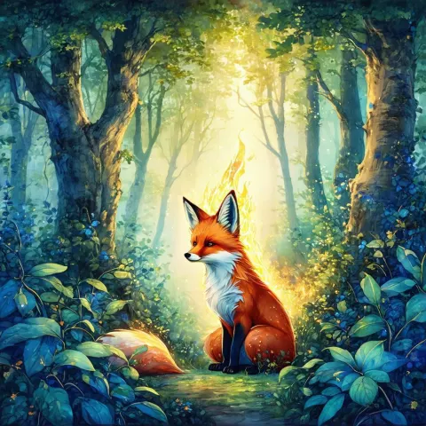 Ember Glowing Fox in a Blue Green Forest