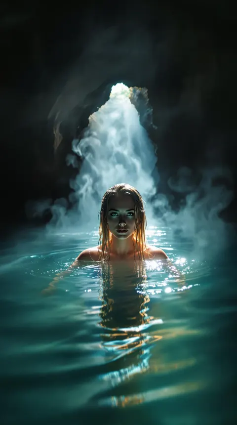 Hot Spring Cave Woman Swimming
