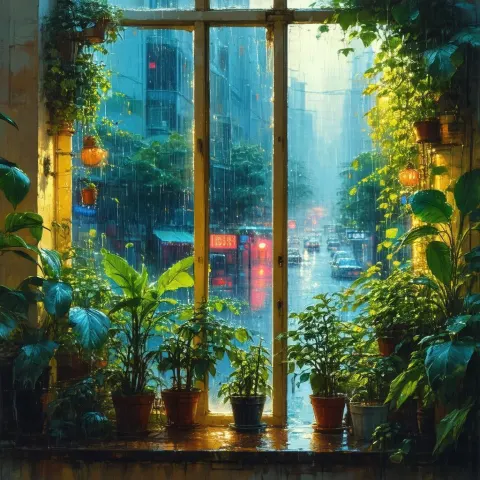 Verdant Windowsill Overlooking Rainy Cyberpunk Streets