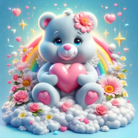Hyperrealistic Care Bear on Clouds with Hearts