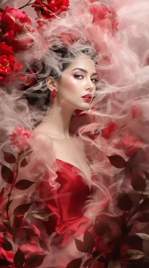Red Dress Peonies Photography