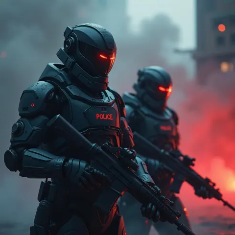 High Tech Police Robots in Swirling Smoke