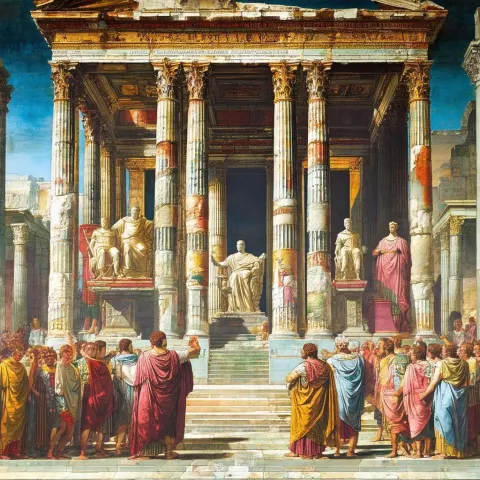 Grand Roman Temple Mural With Worshipping Crowd