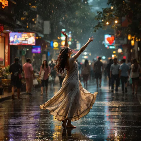 Indian Girl Dancing In Rain