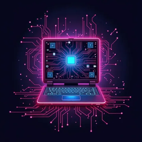 Neon Computer Logo With Cyber Circuits