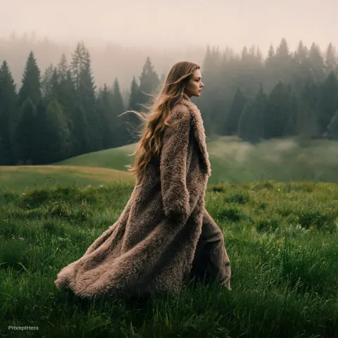 Woman Walking Lush Field