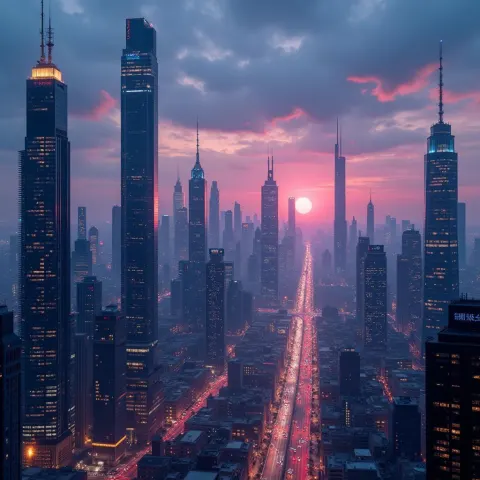 Neon Metropolis Glowing at Dreamlike Dusk