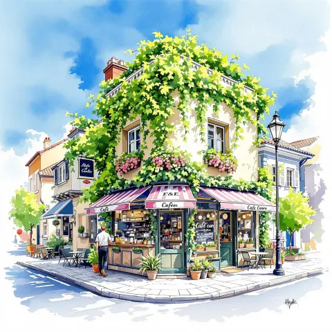 Watercolor Cafe Corner Scene