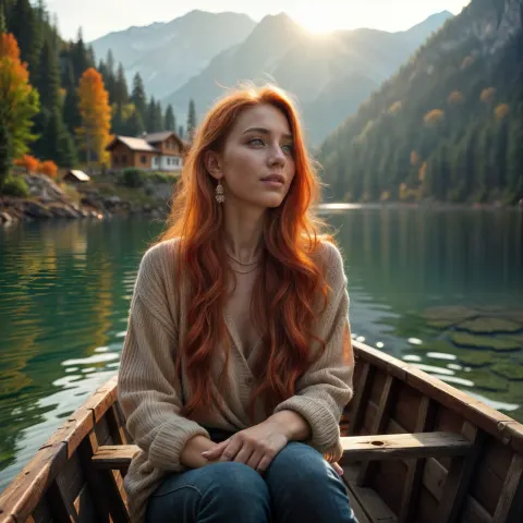 Woman Boat Lake Mountain