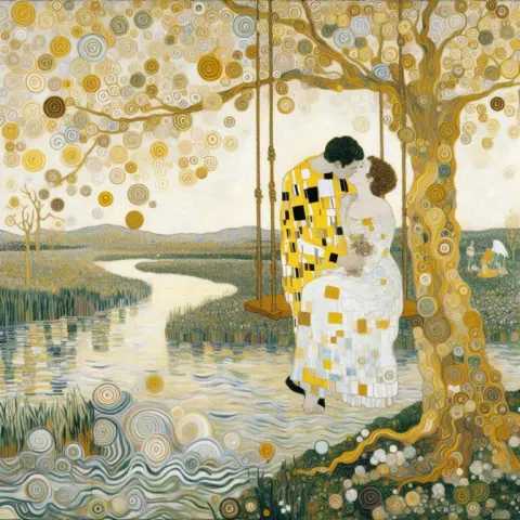 Couple Swinging Over a River in Klimt Style