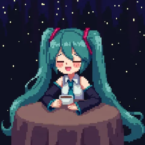 Sleepy Hatsune Miku Sipping Tea at Night